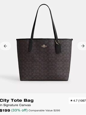 Coach Signature Canvas City Tote in Dark Brown with Black Straps, GUC